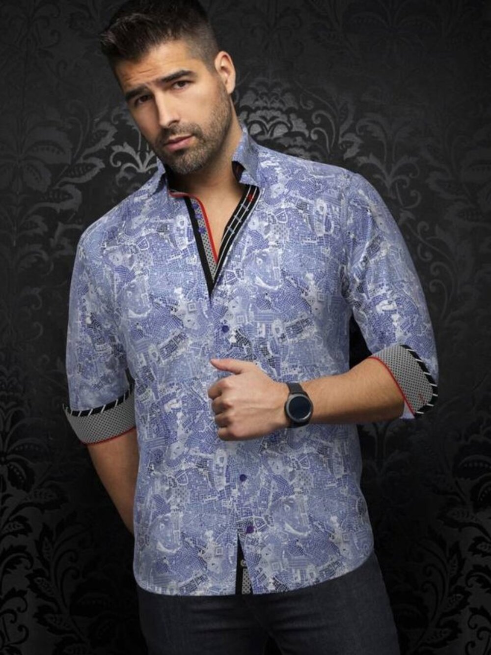 NEW AU NOIR Men’s Mirabeau Grid Pattern Button-Up Shirt  Light Blue